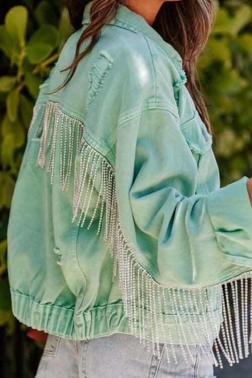 Light Green Fringed Chain Raw Hem Distressed Jacket