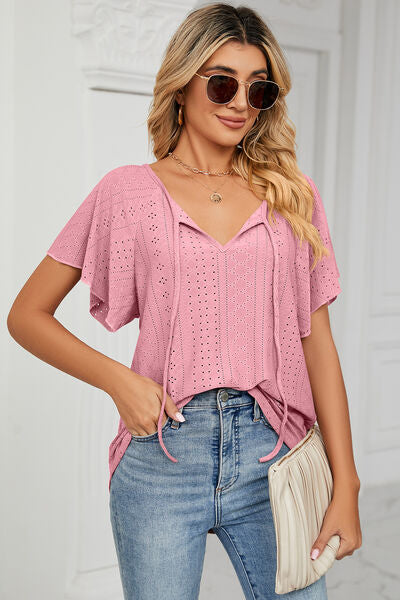 Eyelet Tie Neck Flutter Sleeve Blouse