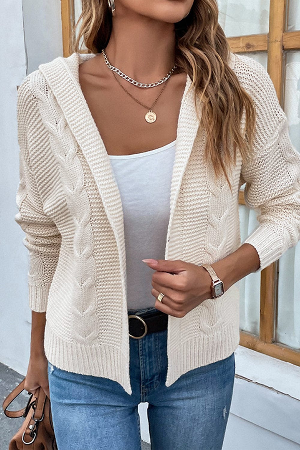 LakenLea Cable-Knit Dropped Shoulder Hooded Cardigan