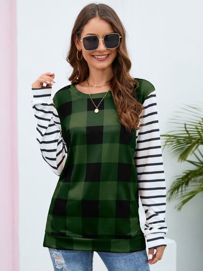 Women's HannahMea Plaid Striped Round Neck Long Sleeve T-Shirt