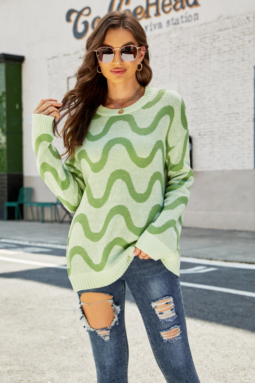 M&Matilda Wave Stripe Ribbed Trim Tunic Sweater