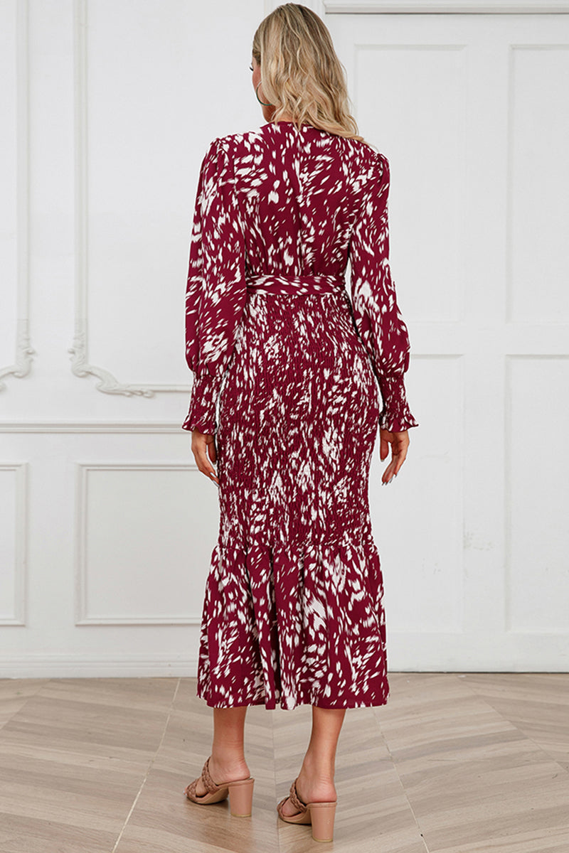 Full Size Printed V-Neck Smocked Midi Dress