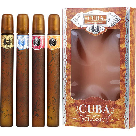 Men's Cuba Variety 4 Piece Variety With Cuba Gold, Blue, Red & Orange & All Are Eau De Toilette Spray 1.17 oz
