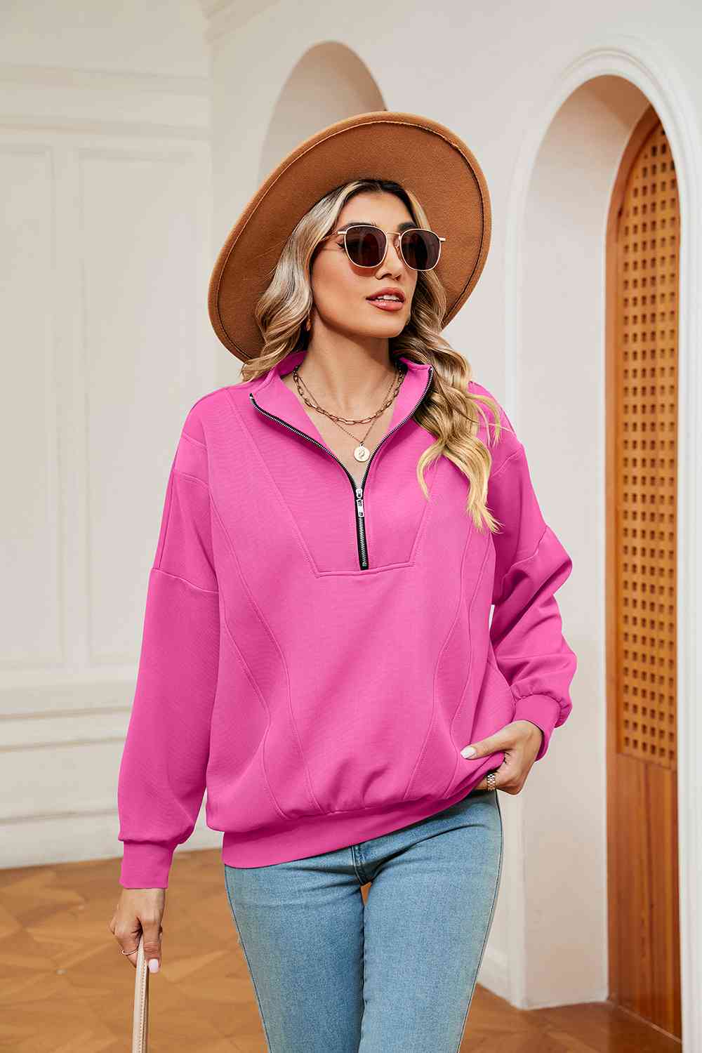 Full Size Half-Zip Dropped Shoulder Sweatshirt