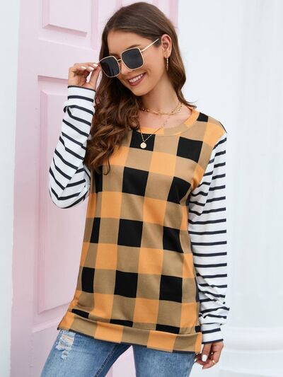 Women's HannahMea Plaid Striped Round Neck Long Sleeve T-Shirt