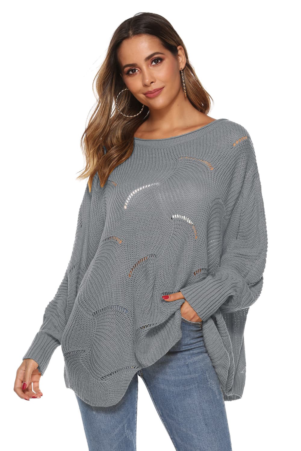 Full Size Round Neck Long Sleeve Openwork Sweater