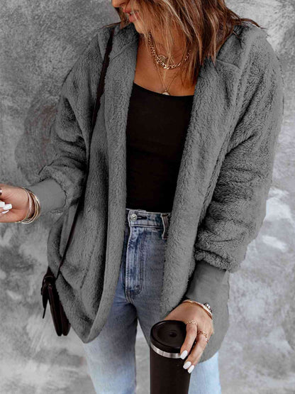 Open Front Hooded Faux Fur Outwear Jacket with Pockets