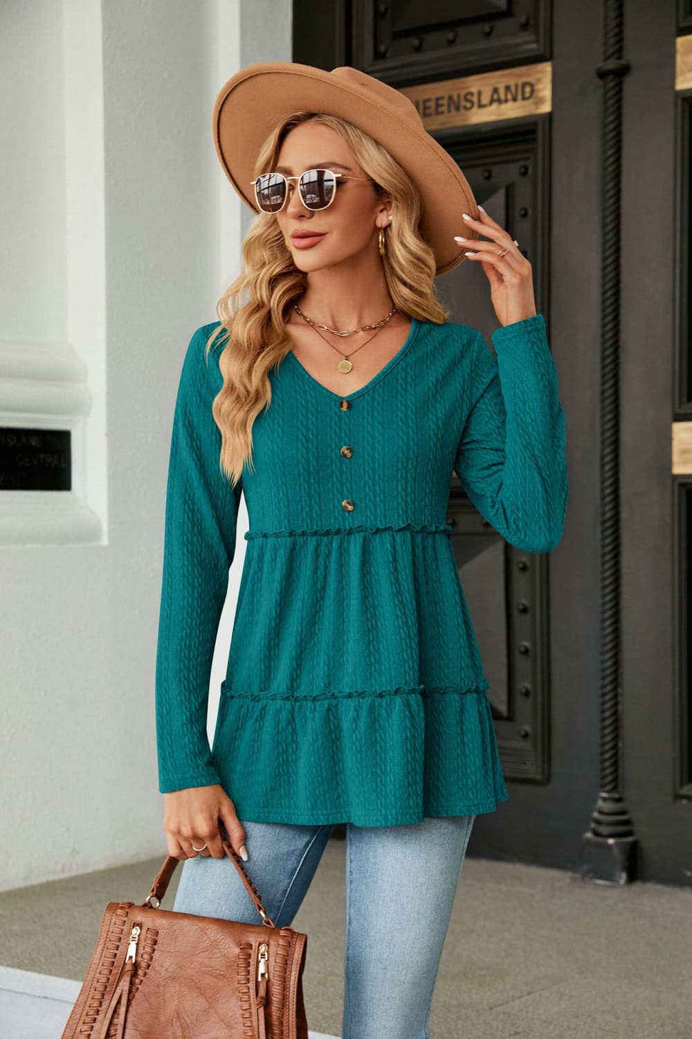 Full Size Long Sleeve V-Neck Cable-Knit Blouse