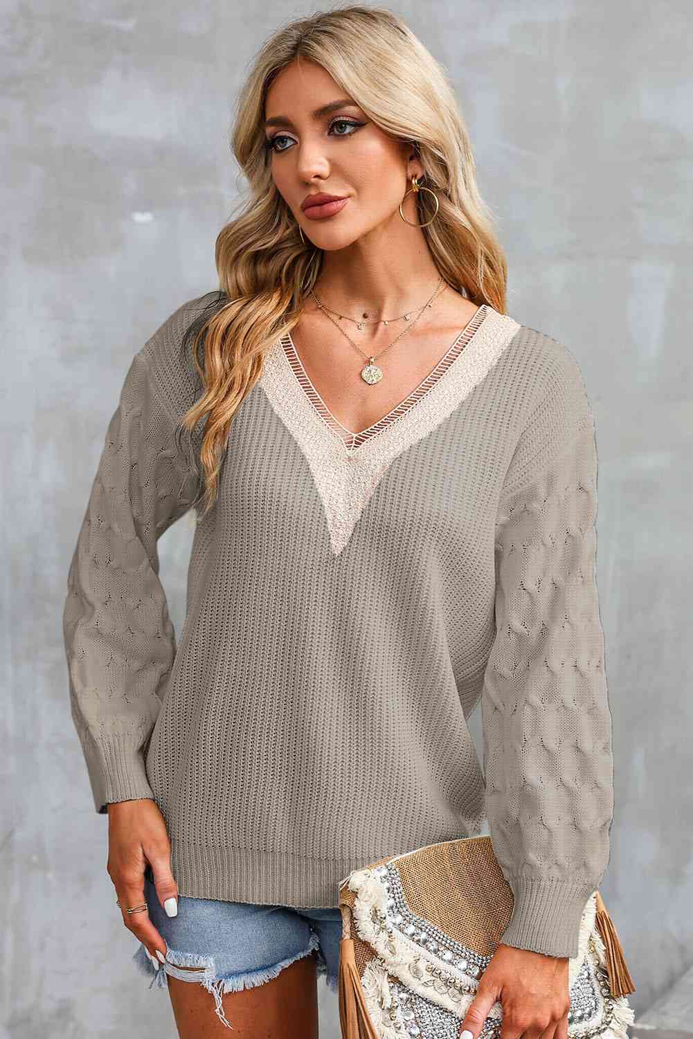 KnittedEmporium Full Size Contrast V-Neck Sweater