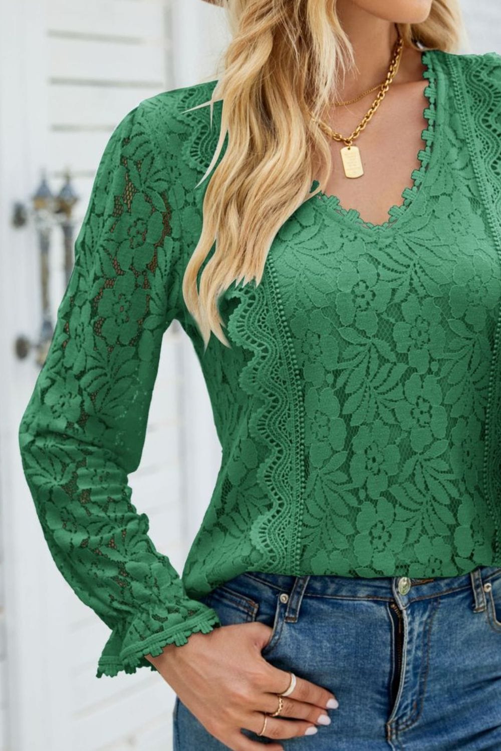 Full Size V-Neck Flounce Sleeve Lace Top