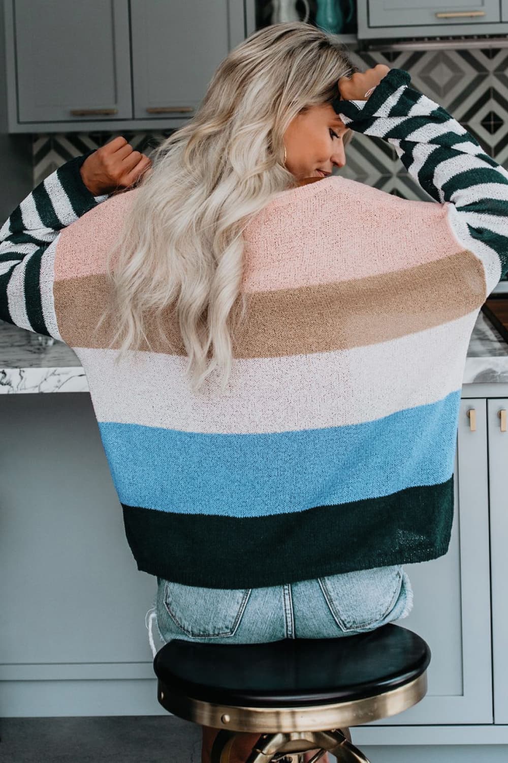 One Size Color Block Boat Neck Dropped Shoulder Sweater