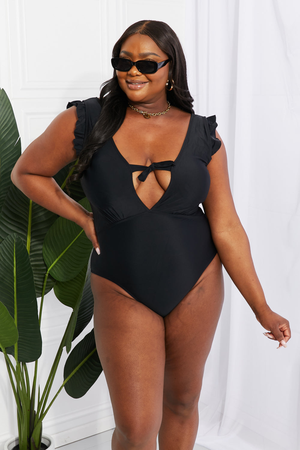 Women's Marina West Swim Seashell Ruffle Sleeve One-Piece Swimsuit in Black