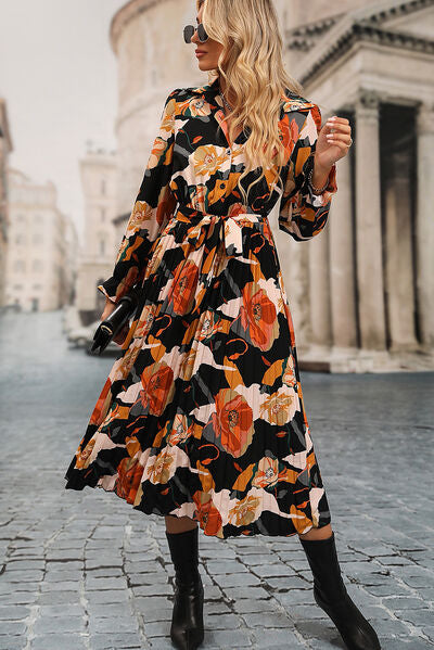 Printed Half Button Tie-Waist Pleated Dress