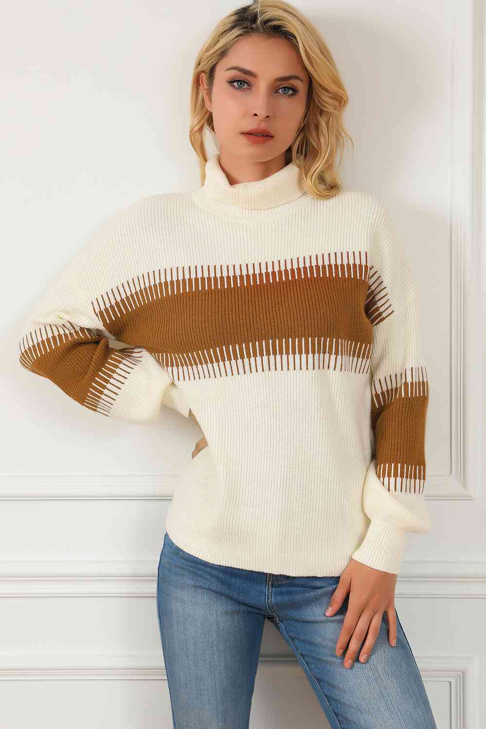 CozyWonders Contrast Turtleneck Cream Long Sleeve Sweater