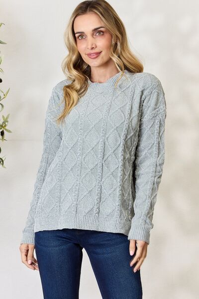 BiBi Cable Knit Round Neck Dust Sage Green Sweater