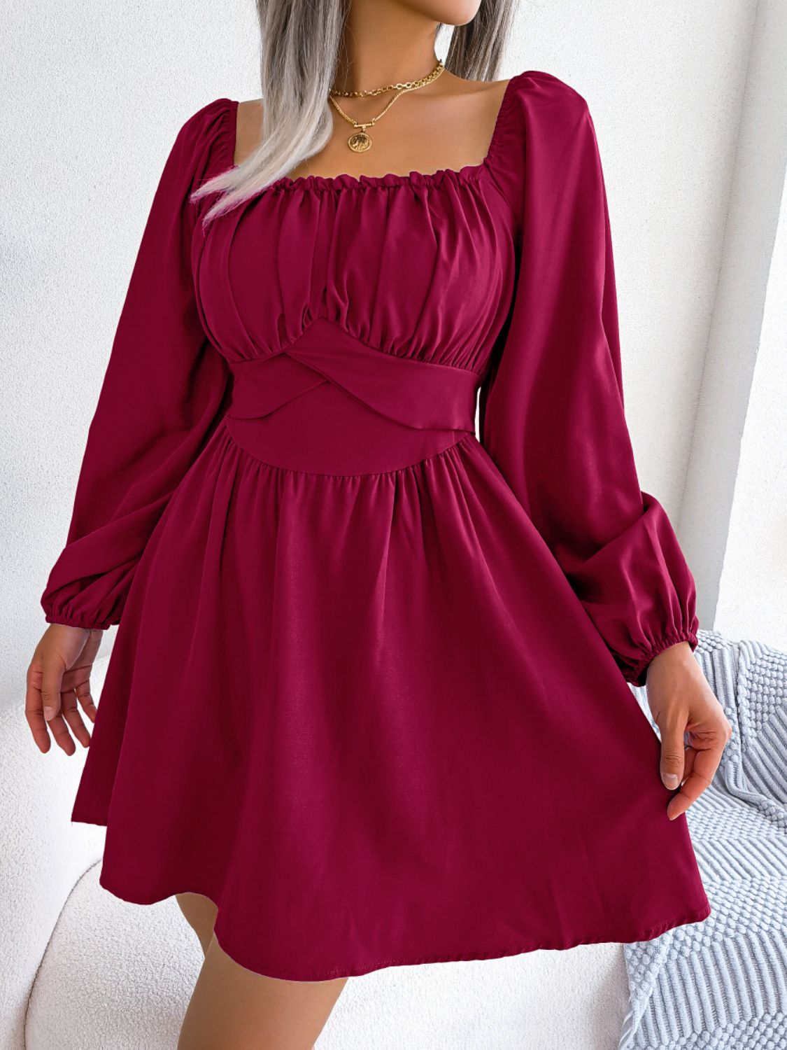 HANNAH MEA Tied Square Neck Balloon Sleeve Dress