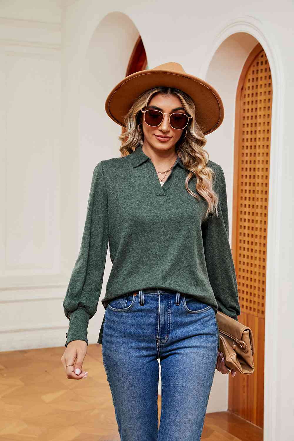 Full Size Johnny Collar Long Sleeve Top