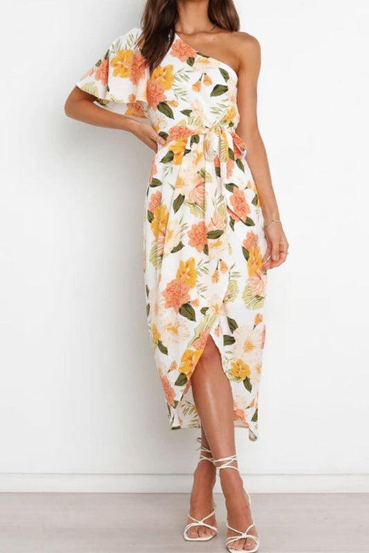 Women's Floral One-Shoulder Tied Tulip Hem Dress