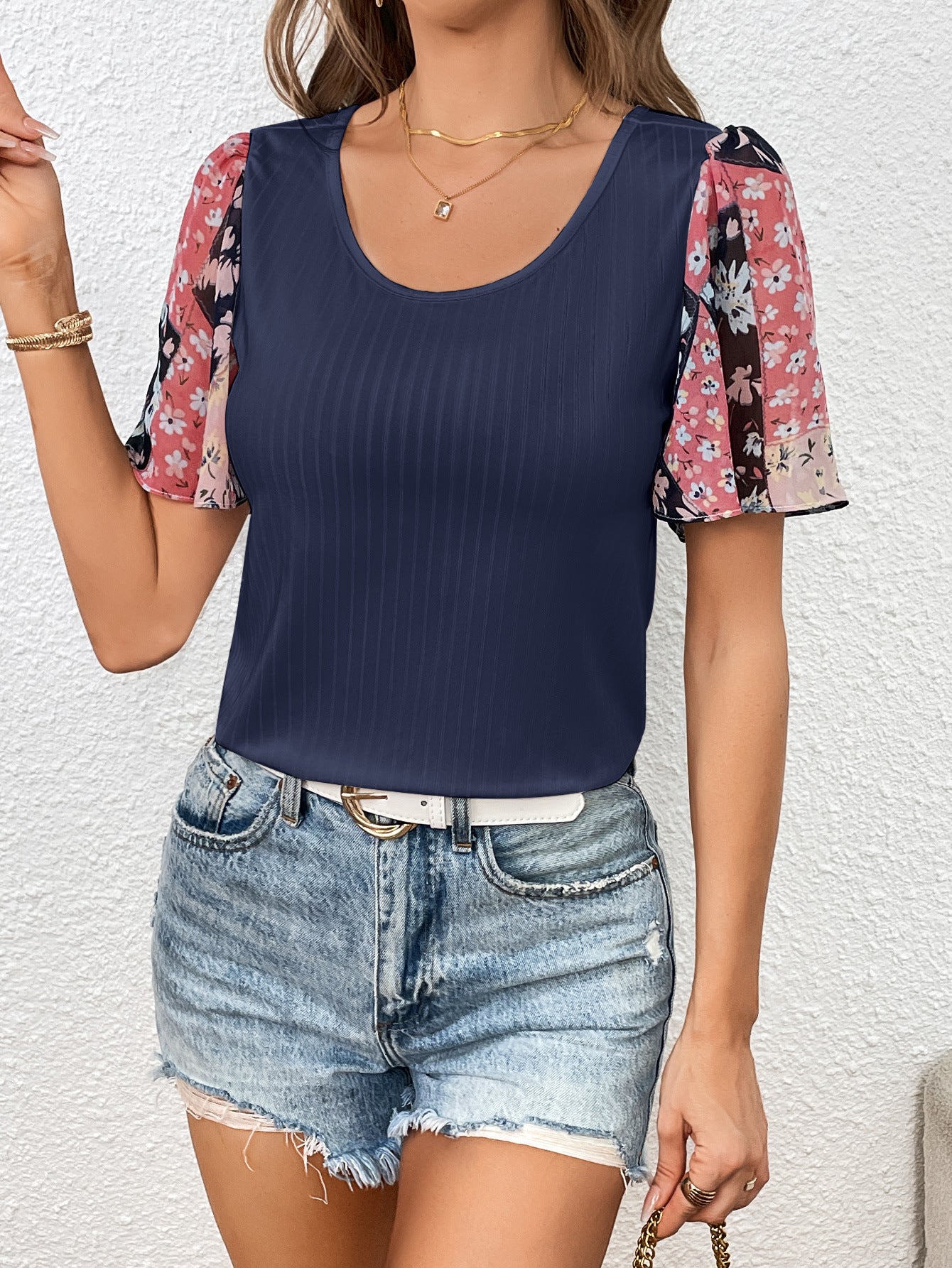 Full Size Printed Puff Sleeve Round Neck Tee