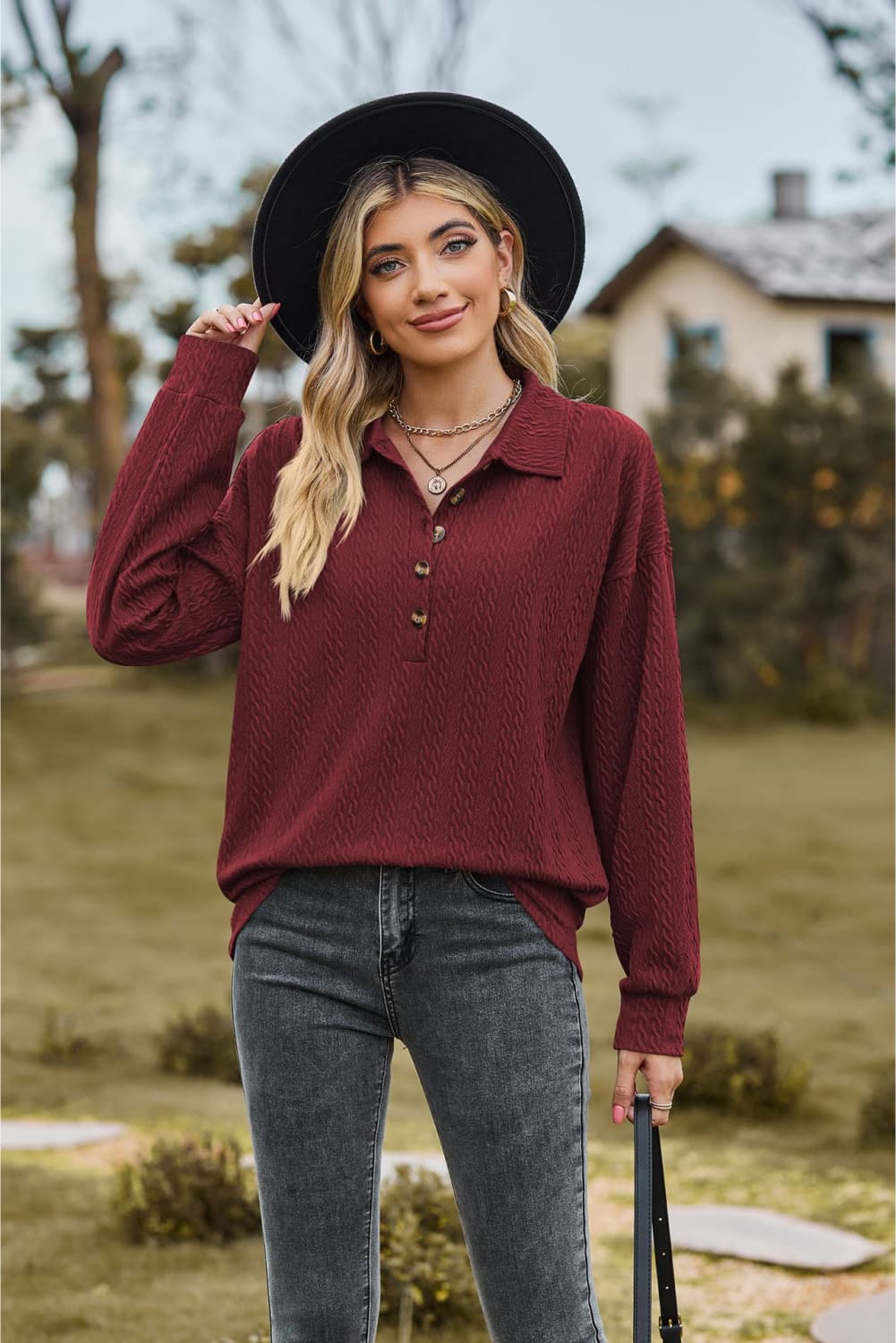 Full Size Collared Neck Long Sleeve Blouse