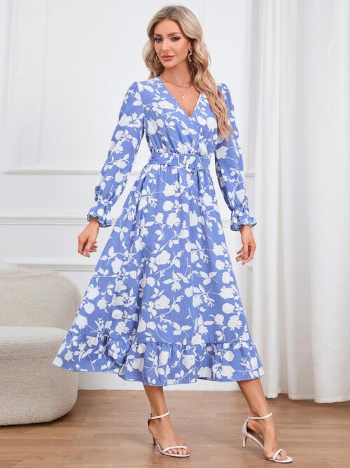 H.Y.G@E Attire Floral Surplice Flounce Sleeve Ruffle Hem Dress