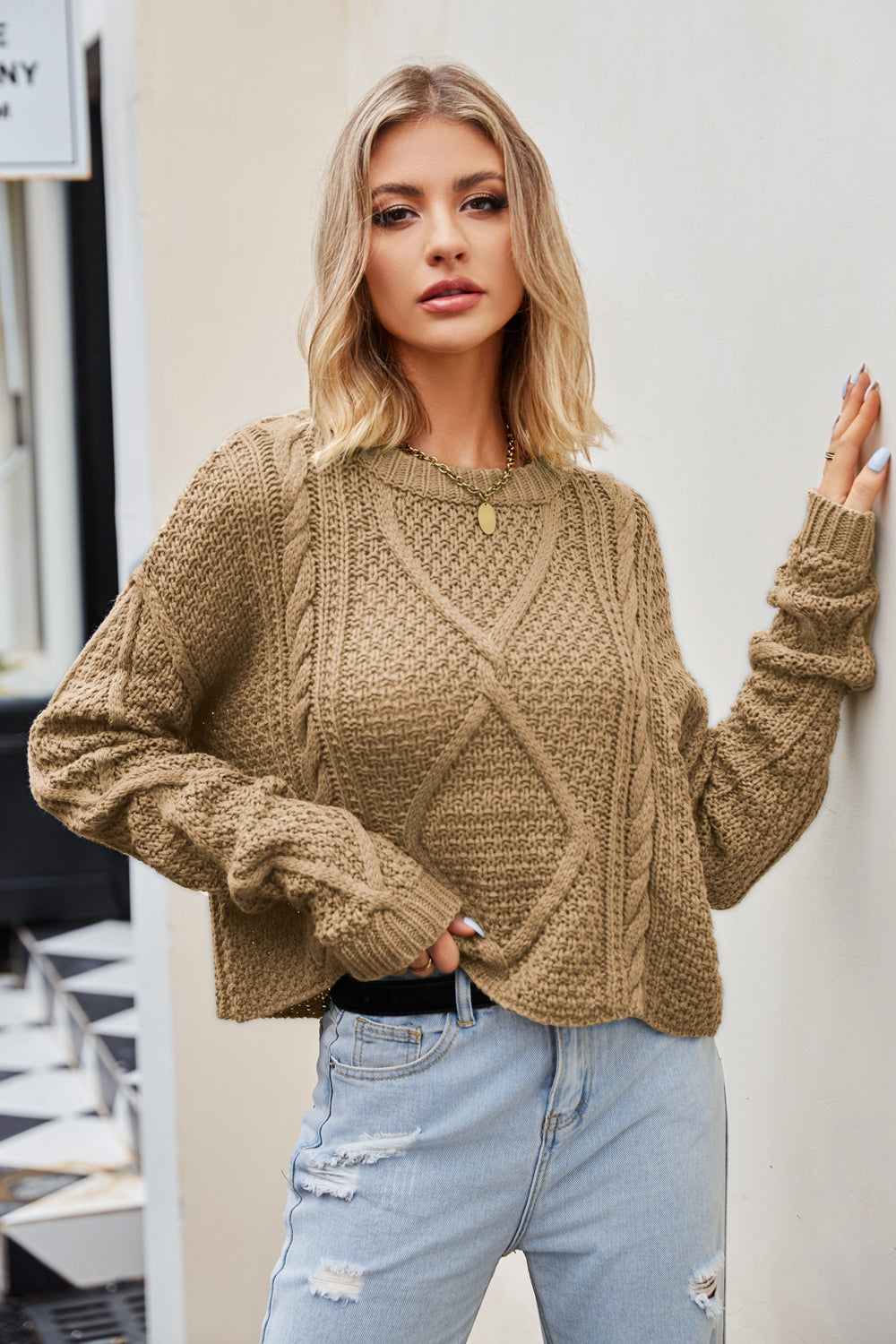 ZELDAlea Cable-Knit Round Neck Dropped Shoulder Sweater