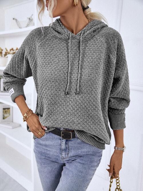 LoversLane Texture Drawstring Long Sleeve Hooded Sweater