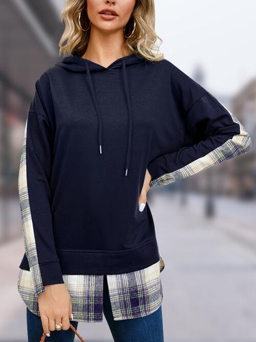 Jaylynn Plaid Drawstring Long Sleeve Slit Hoodie