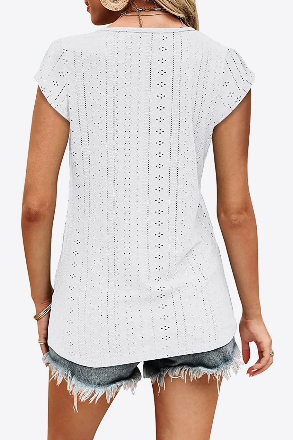 Full Size Eyelet Contrast V-Neck Tee