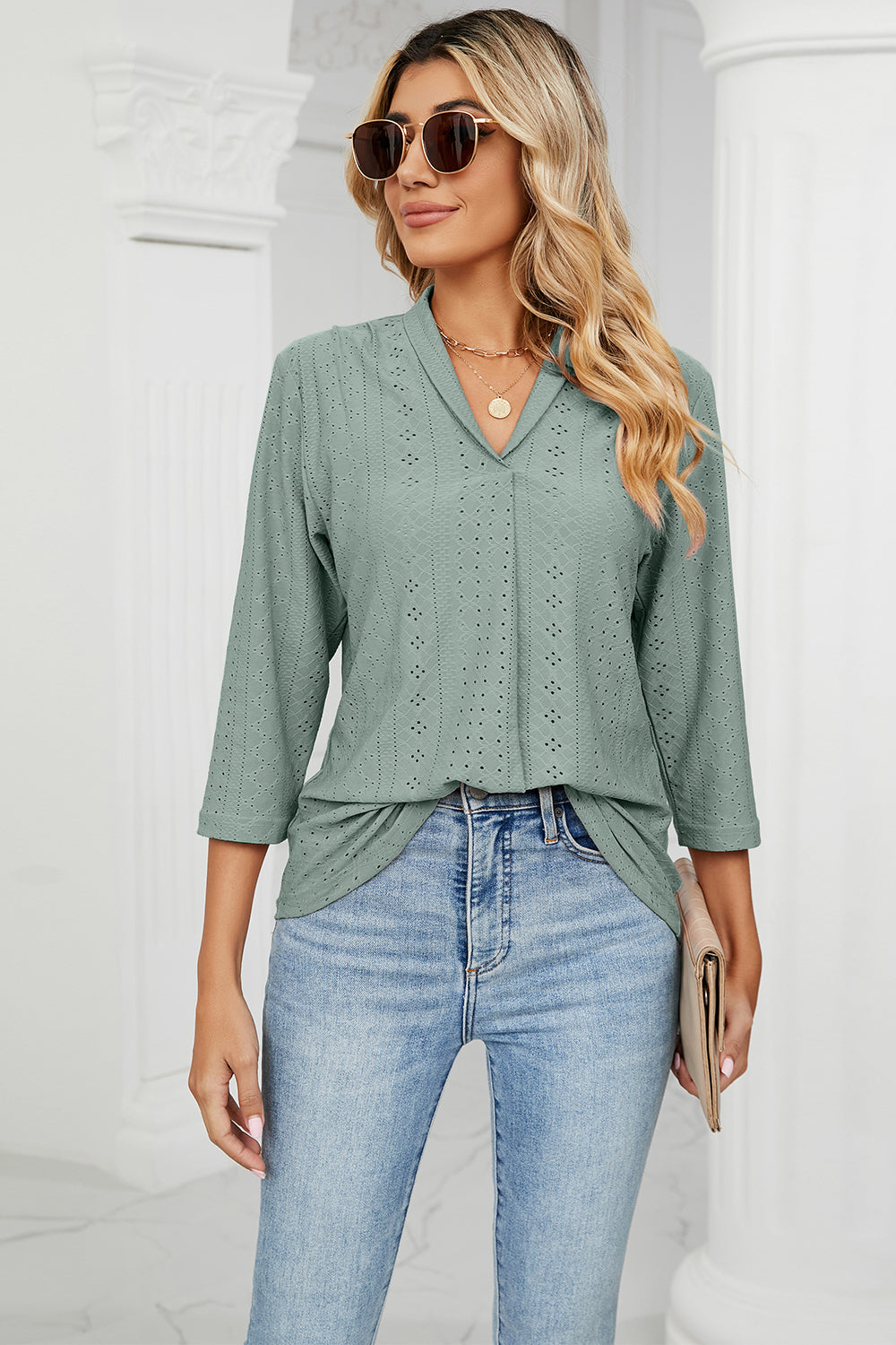 Full Size Eyelet Three-Quarter Sleeve Blouse