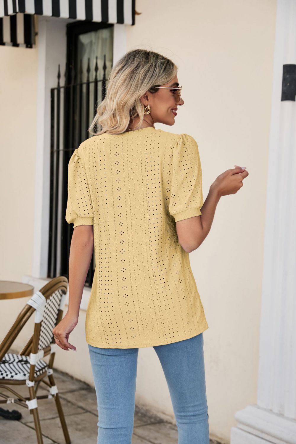 Full Size Eyelet Puff Sleeve V-Neck Top