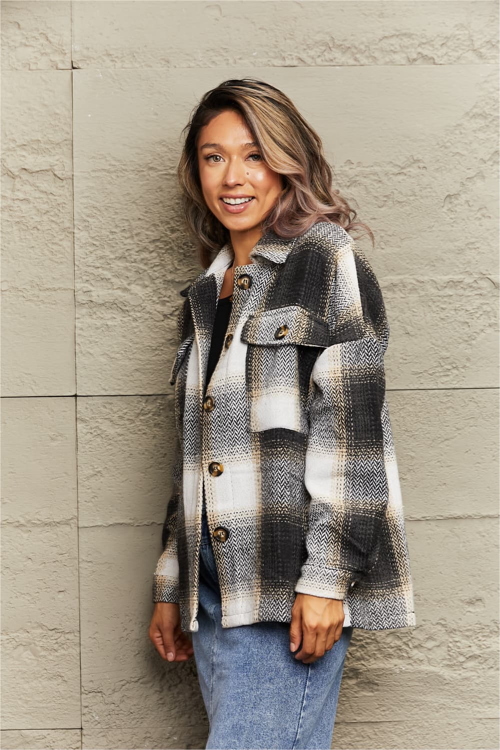 Outer Adventure Plaid Dropped Shoulder Collared Jacket