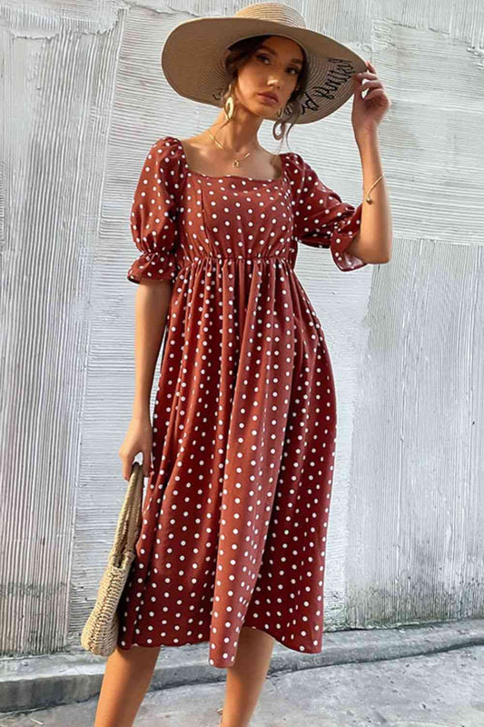 Polka Dot Square Neck Flounce Sleeve Rust Red Dress