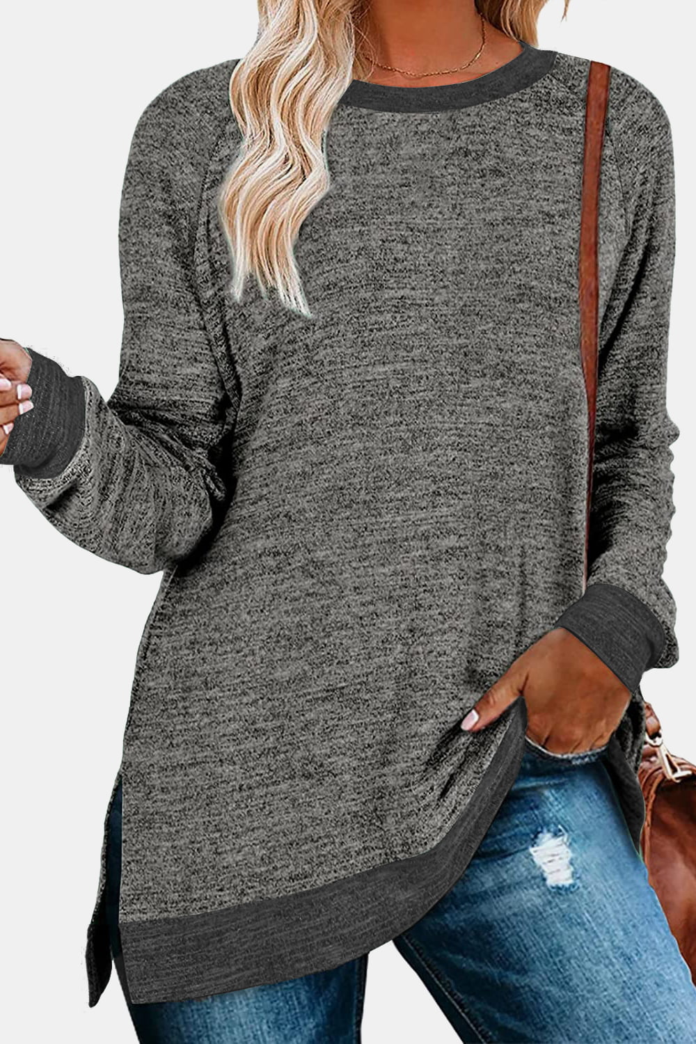 Full Size Round Neck Long Sleeve Slit T-Shirt