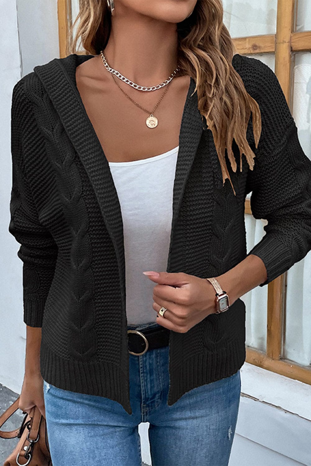 LakenLea Cable-Knit Dropped Shoulder Hooded Cardigan