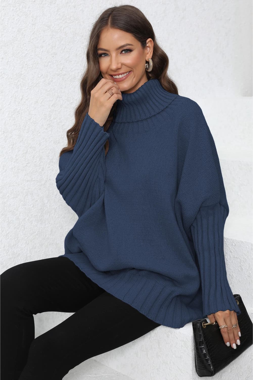 One Size Turtle Neck Long Sleeve Ribbed Sweater