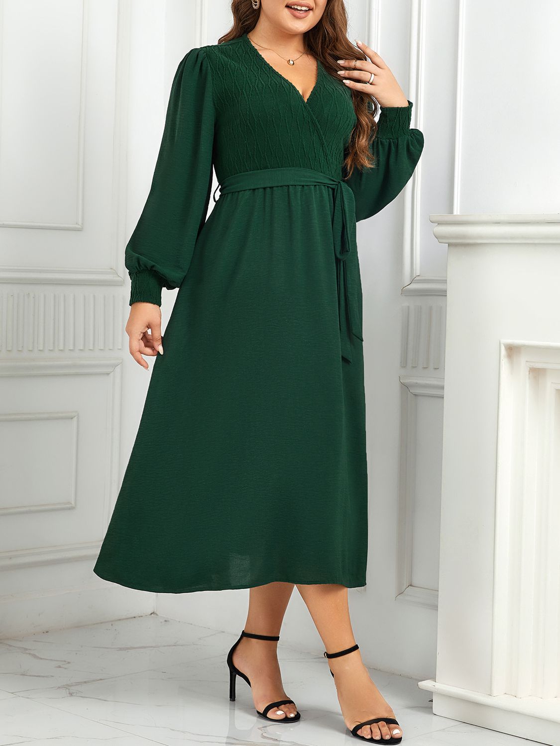 Plus Size Green Surplice Neck Tie Waist Long Sleeve Midi Dress