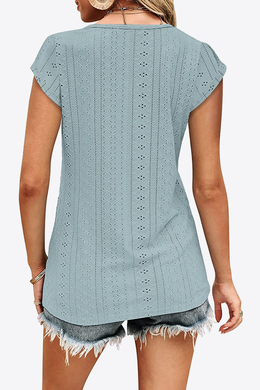 Full Size Eyelet Contrast V-Neck Tee