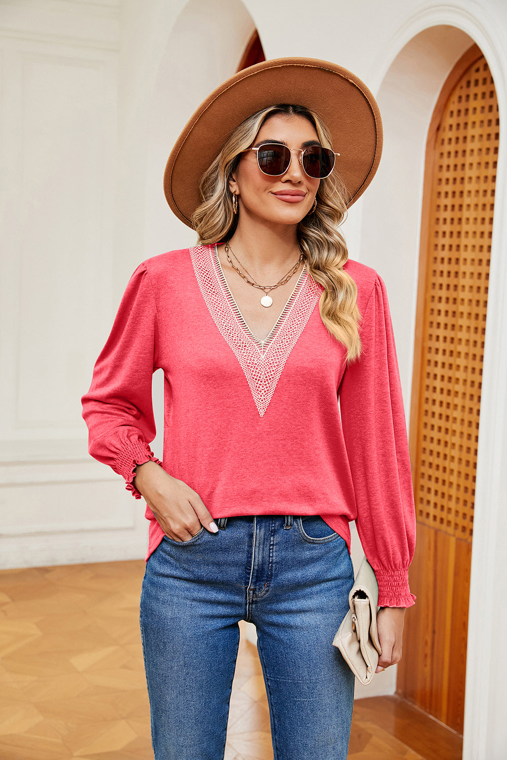 Full Size Contrast V-Neck Long Sleeve Top