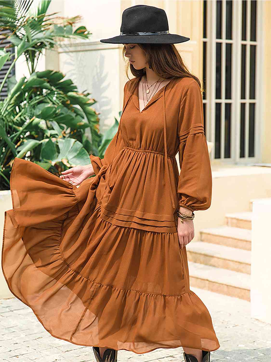 Amelia Tie Neck Long Sleeve Midi Tiered Dress