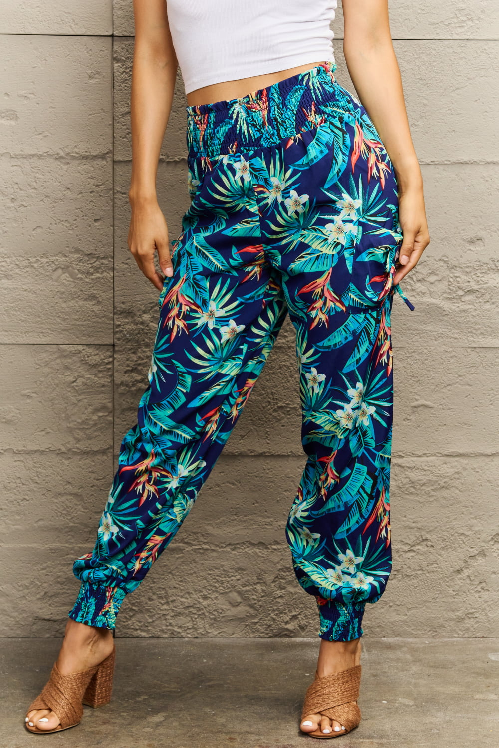 Multicolored Smocked Plant Print Long Pants