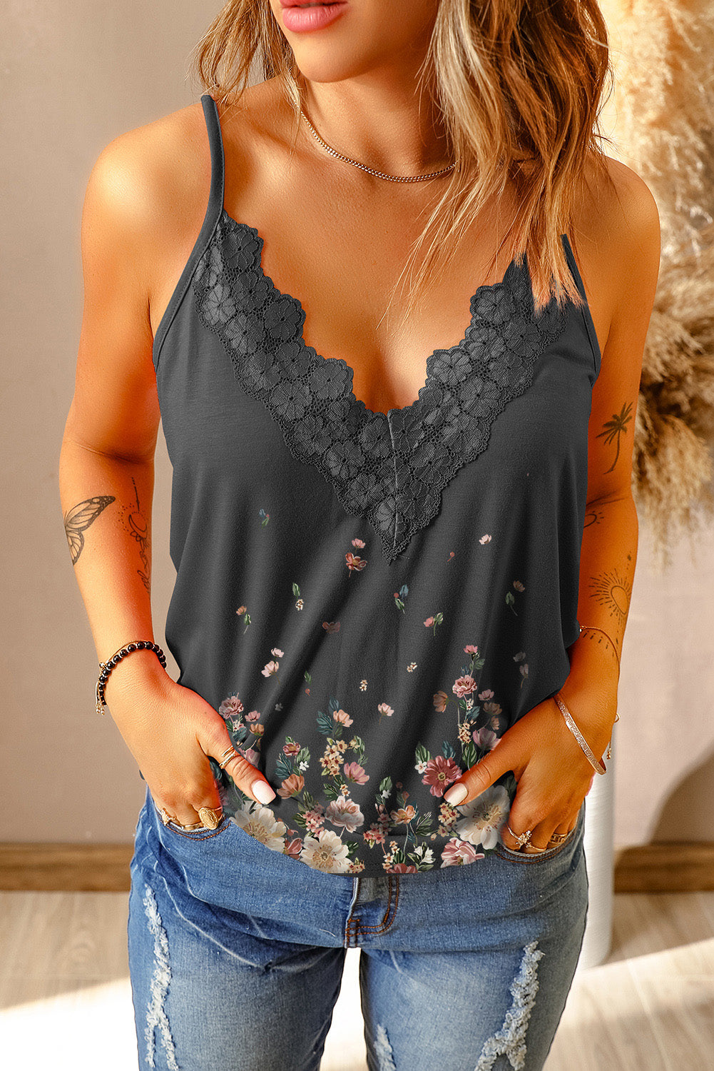 Floral Lace Trim Full Size Scalloped Plunge Cami