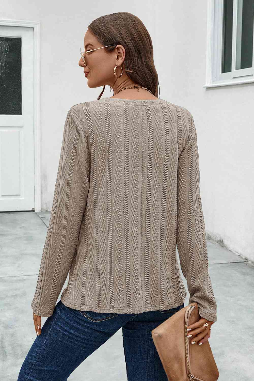 Buttoned Notched Neck Long Sleeve T-Shirt