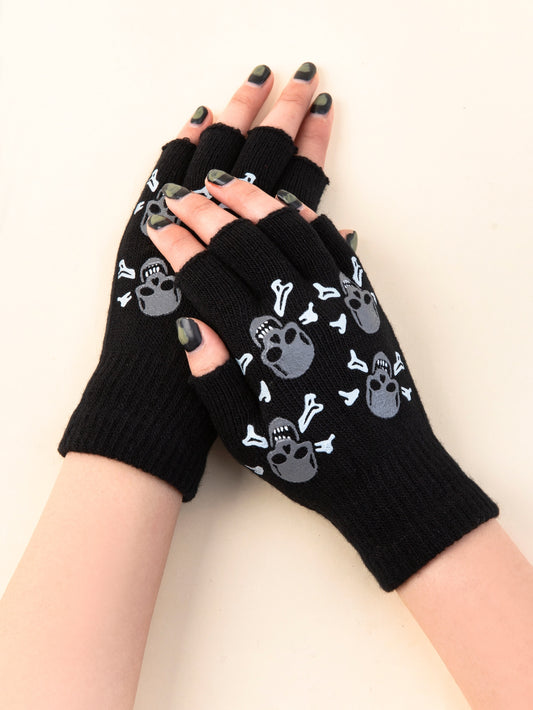 SOPUNK Skull Print Fingerless Gloves 🔥