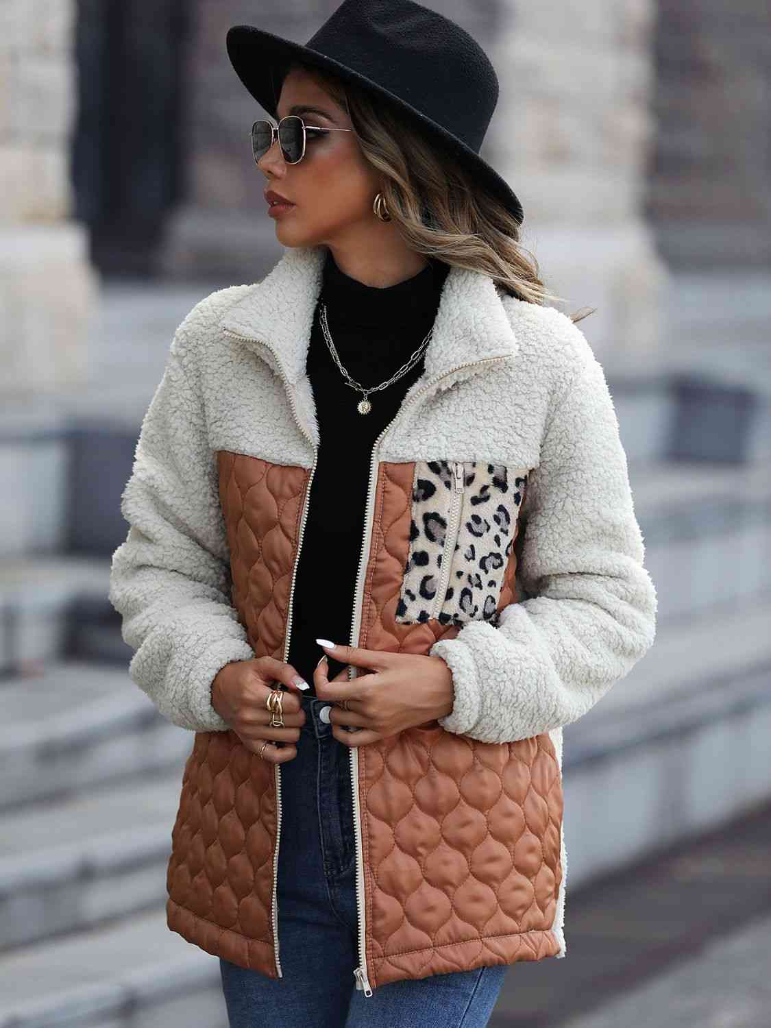 Shawna Leopard Color Block Zip-Up Jacket