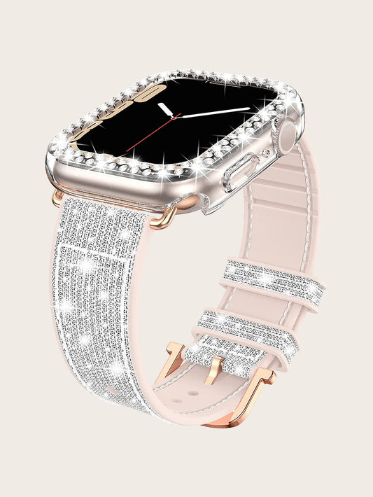 Rhinestone Decor Case & Glitter Silicone Watchband Compatible With Apple Watch 🔥