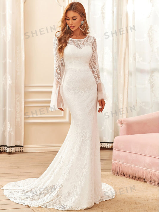 FOREVER-PRINCESS Flounce Sleeve Floor Length Lace Mermaid Hem Wedding Dress 🔥