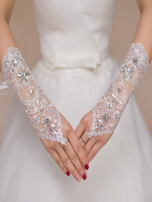 SAYYES Rhinestone White Bridal Gloves 🔥