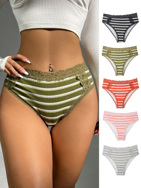 Low Rise Medium Stretch 5 Pack Striped Print Lace Trim Panty 🔥