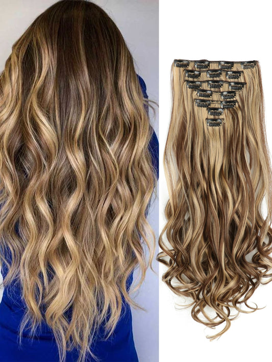 22" Thick Long Wavy Synthetic Fiber 7 PC Set Clip-in Hair Extensions with Invisible Clips 🔥